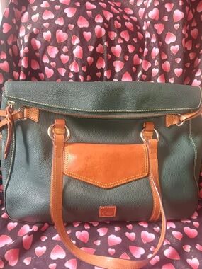 Leather-Trim Green Tote Bag with Tan Accents